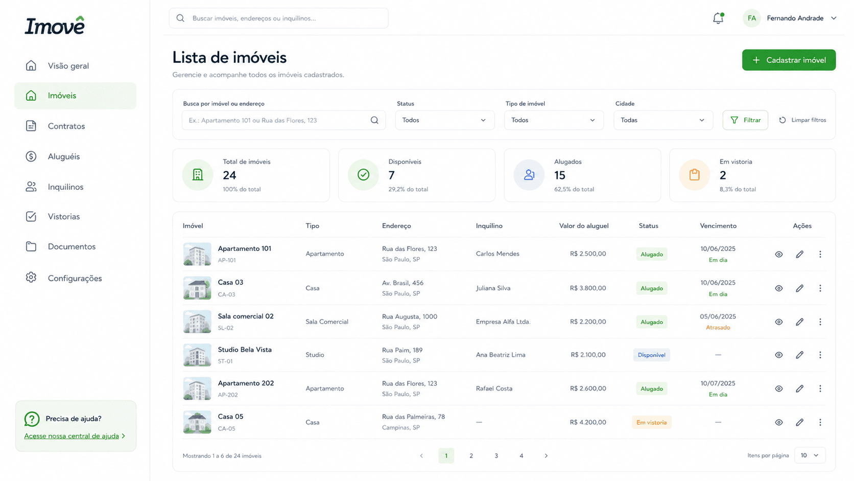 Tela do Imovê com cadastro e lista de imóveis e inquilinos.