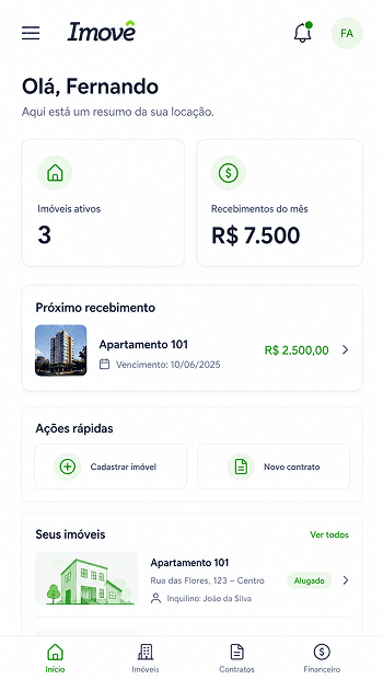 Tela mobile do painel do Imovê com informações de imóvel e contrato.